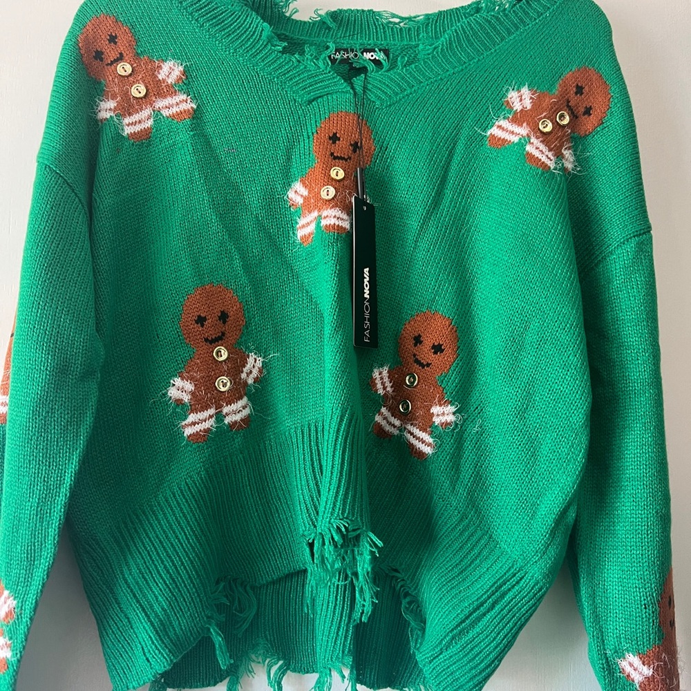 Fashion Nova Green Off-the-Shoulder Sweater with Festive Flair